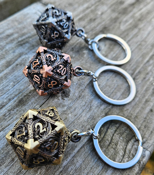 Metal d20 keychain with matching dice