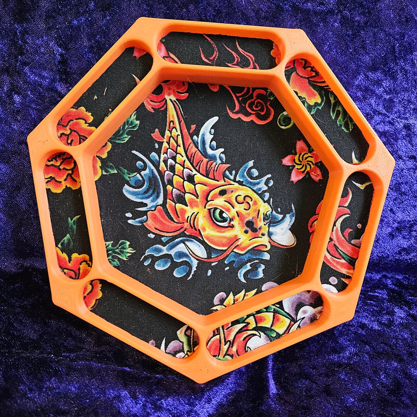 Koi tattoo dice tray with fabric lining