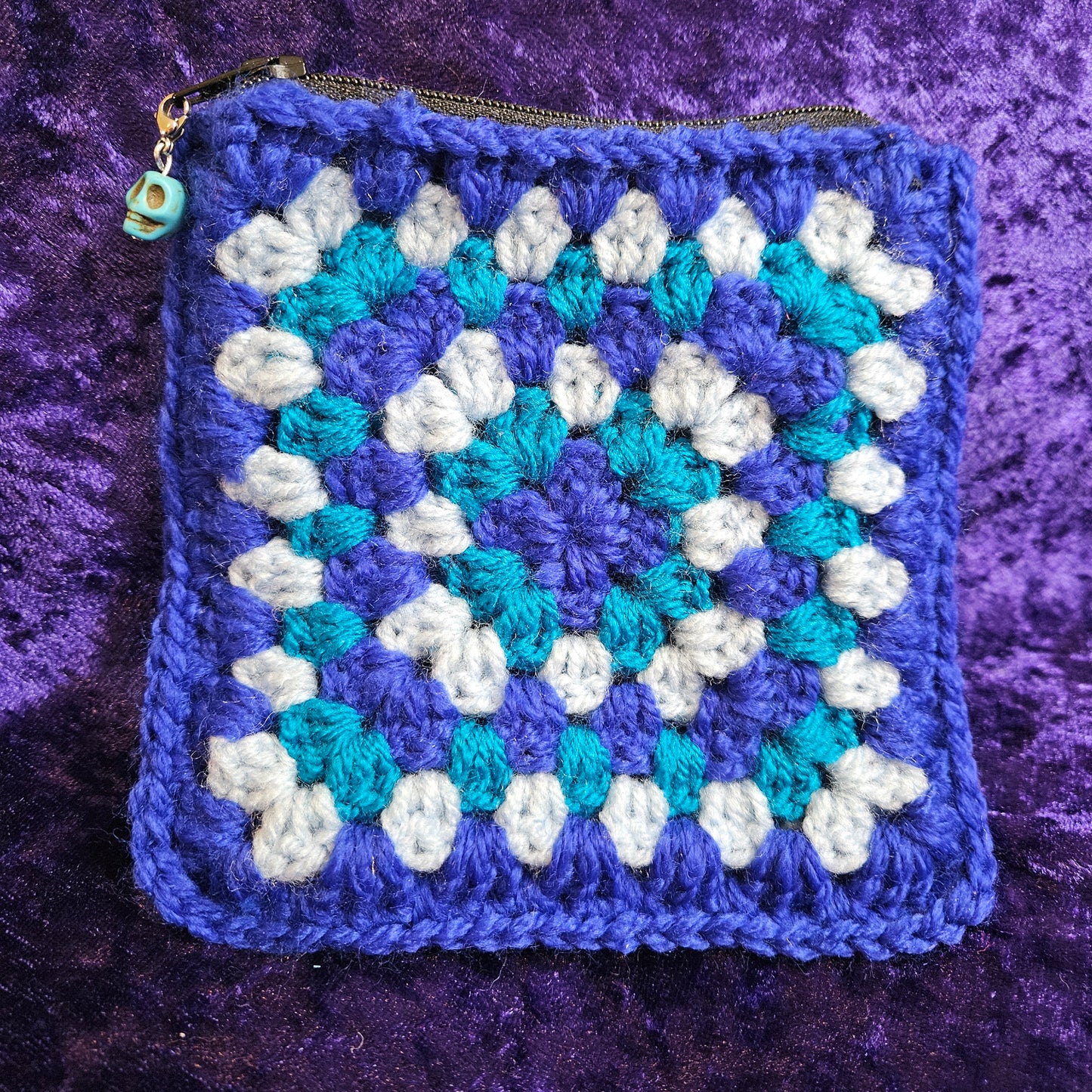 Handmade monotone crochet dice pouch with charm