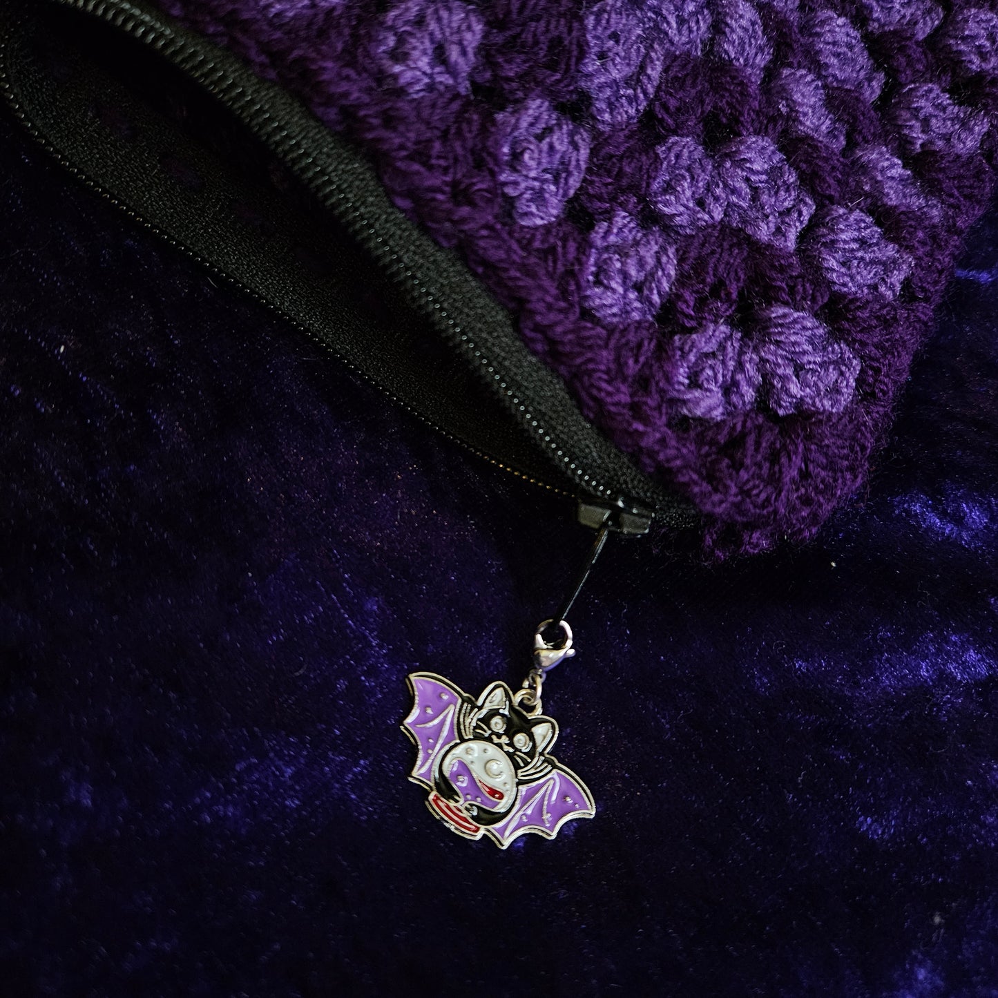 Handmade monotone crochet dice pouch with charm