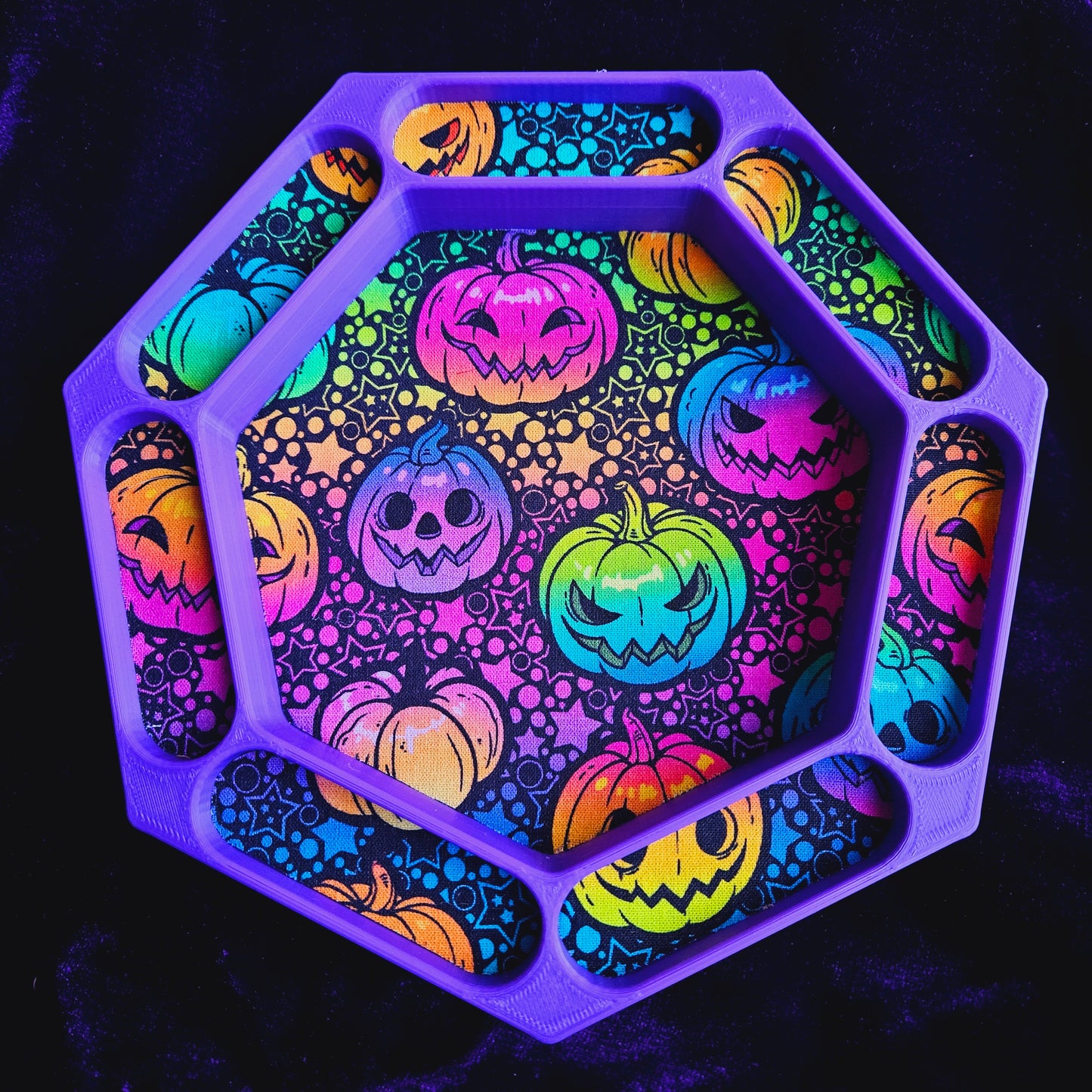 Neon Pumpkin Halloween dice tray with fabric lining