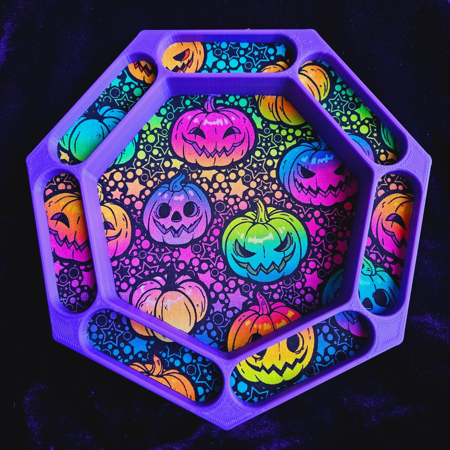 Neon Pumpkin dice tray with fabric lining